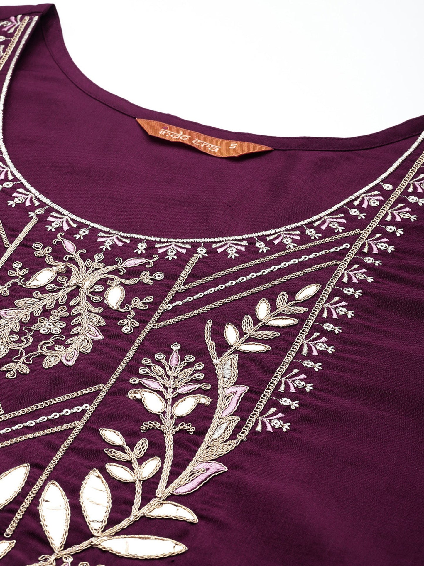 Indo Era Burgundy Embroidered Straight Kurta Trousers With Dupatta set
