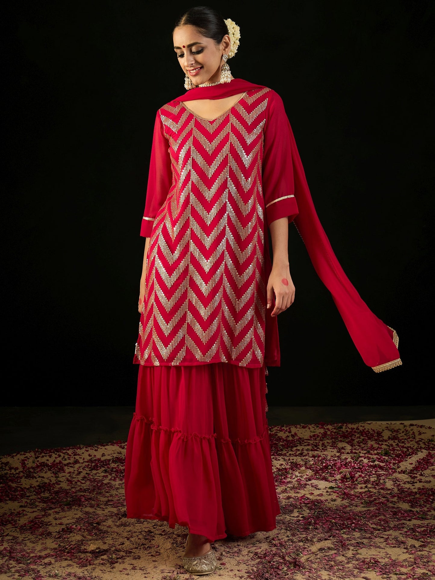 Indo Era Magenta Embroidered Straight Kurta Sharara With Dupatta set