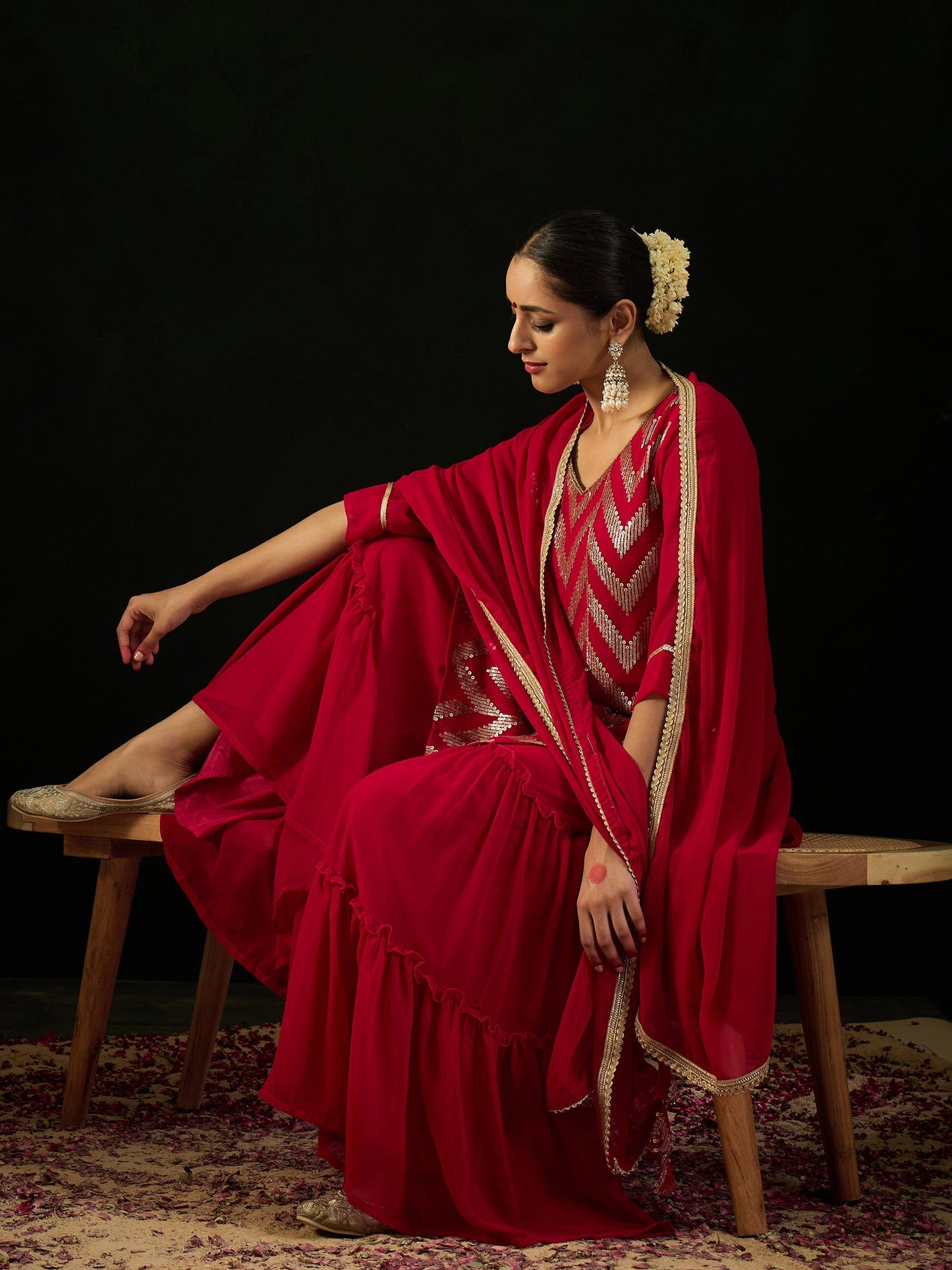 Indo Era Magenta Embroidered Straight Kurta Sharara With Dupatta set