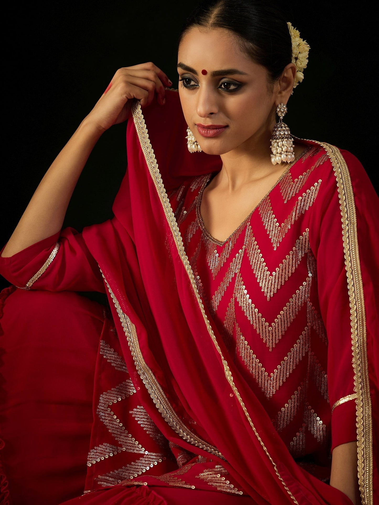 Indo Era Magenta Embroidered Straight Kurta Sharara With Dupatta set