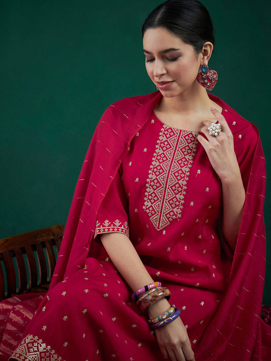 Indo Era Magenta Embroidered Straight Kurta Trousers With Dupatta set