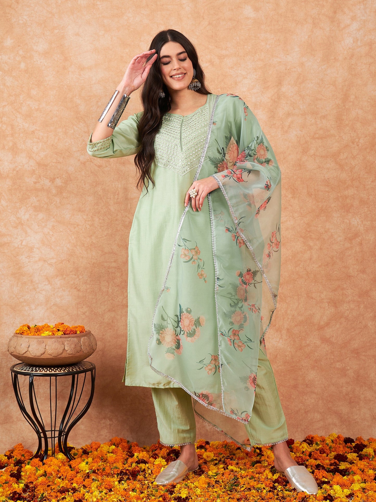 Indo Era Sea Green Straight Kurta Trouser With Dupatta Set