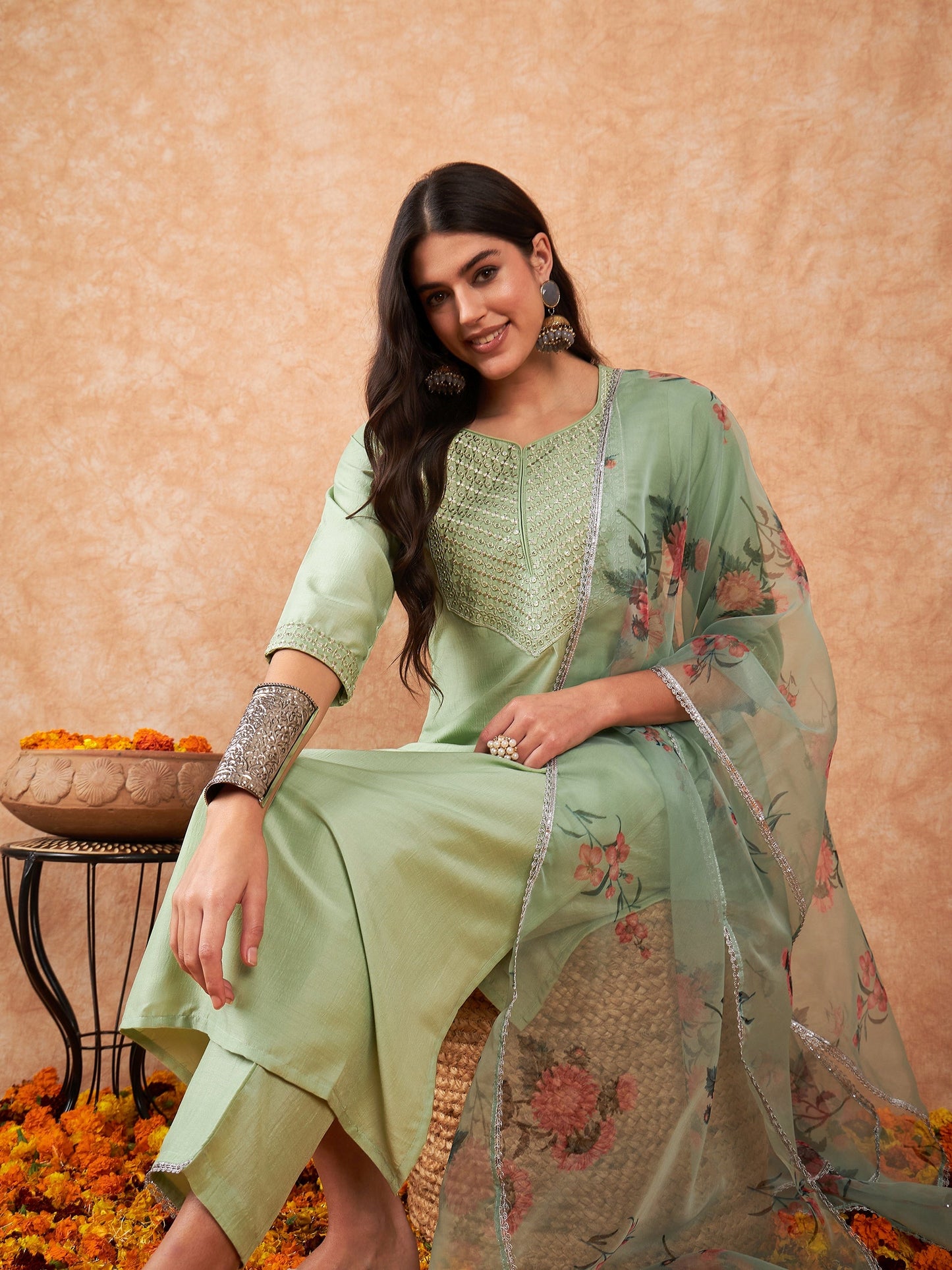 Indo Era Sea Green Straight Kurta Trouser With Dupatta Set