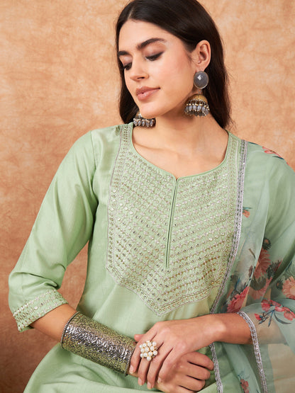 Indo Era Sea Green Straight Kurta Trouser With Dupatta Set