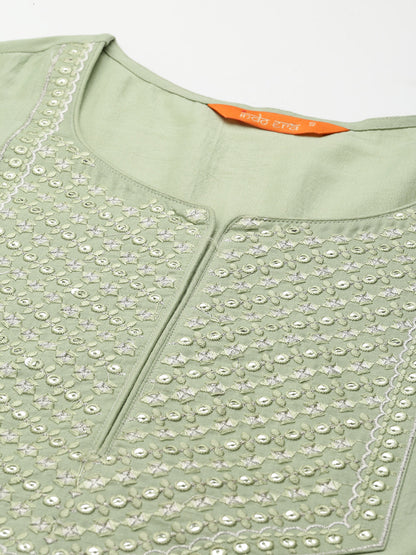 Indo Era Sea Green Straight Kurta Trouser With Dupatta Set