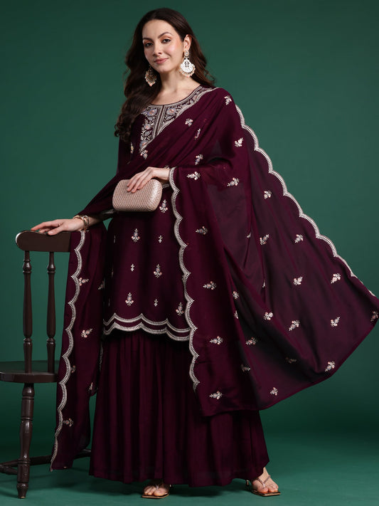 Burgundy Embroidered Straight Kurta Sharara With Dupatta Set