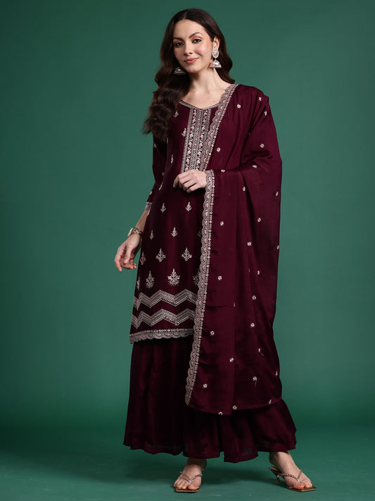 Burgundy Embroidered Straight Kurta Sharara With Dupatta Set