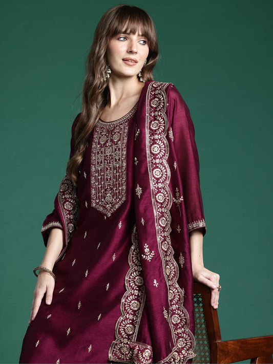 Burgundy Embroidered Straight Kurta Trousers With Dupatta Set
