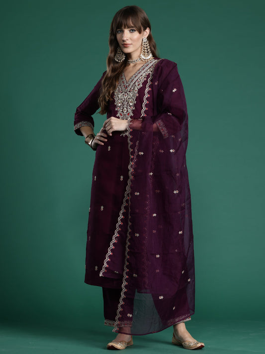 Burgundy Embroidered Straight Kurta Trousers With Dupatta Set
