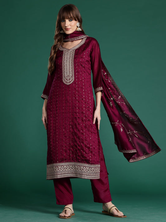 Burgundy Embroidered Straight Kurta Trousers With Dupatta Set