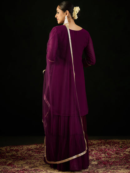 Indo Era Burgundy Embroidered Straight Kurta Sharara With Dupatta set