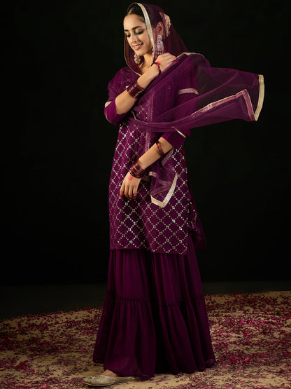 Indo Era Burgundy Embroidered Straight Kurta Sharara With Dupatta set