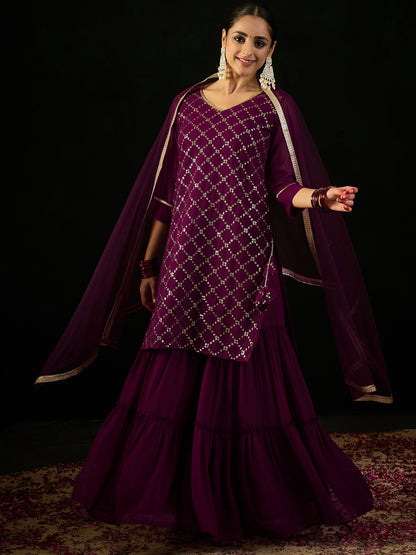 Indo Era Burgundy Embroidered Straight Kurta Sharara With Dupatta set