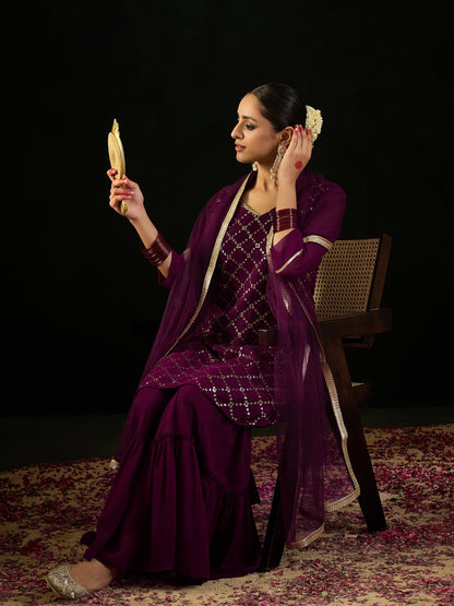 Indo Era Burgundy Embroidered Straight Kurta Sharara With Dupatta set