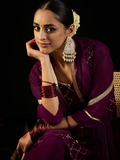 Indo Era Burgundy Embroidered Straight Kurta Sharara With Dupatta set