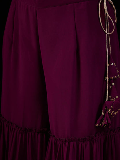 Indo Era Burgundy Embroidered Straight Kurta Sharara With Dupatta set