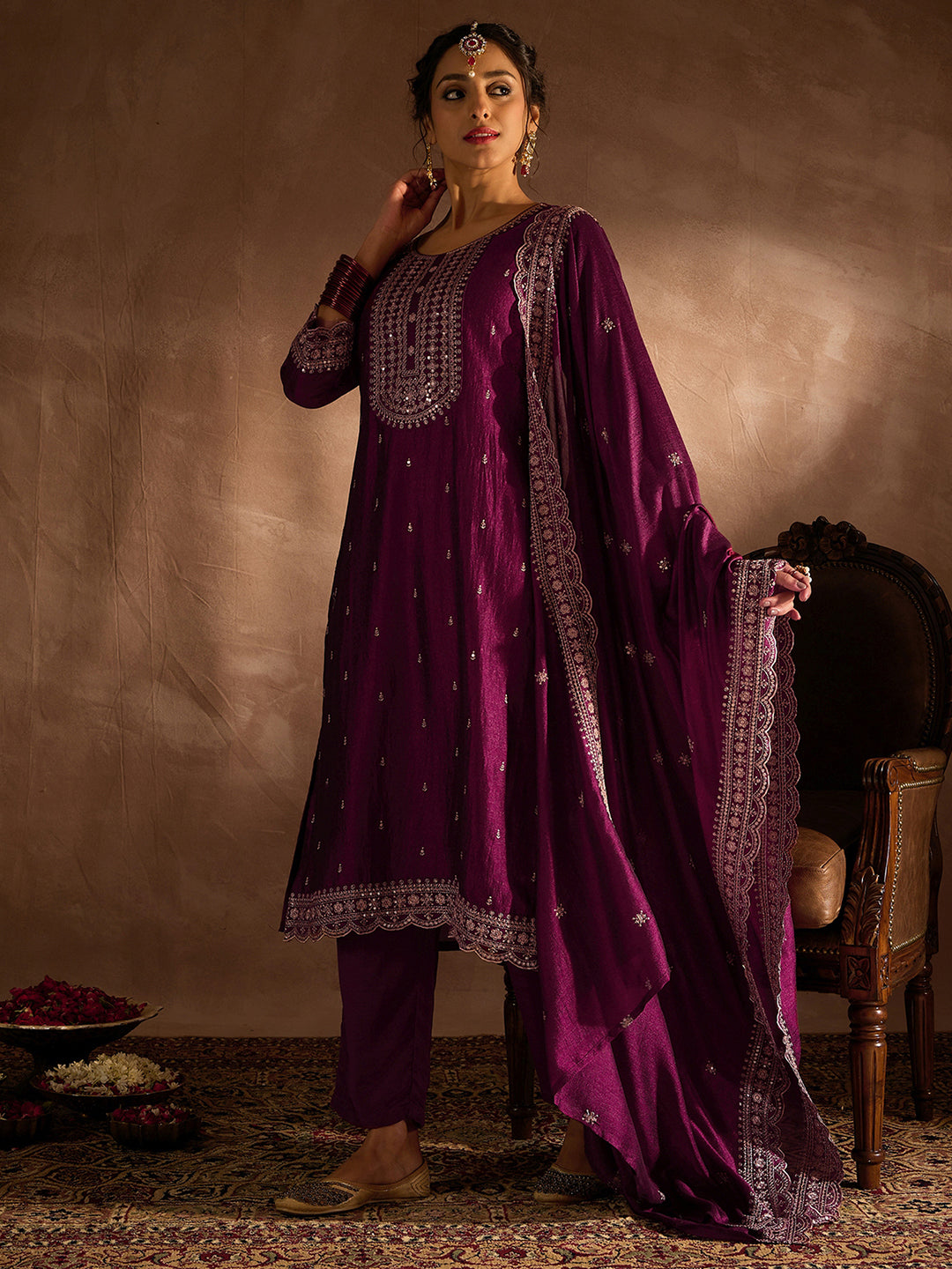 Indo Era Burgundy Embroidered Straight Kurta Trousers With Dupatta set