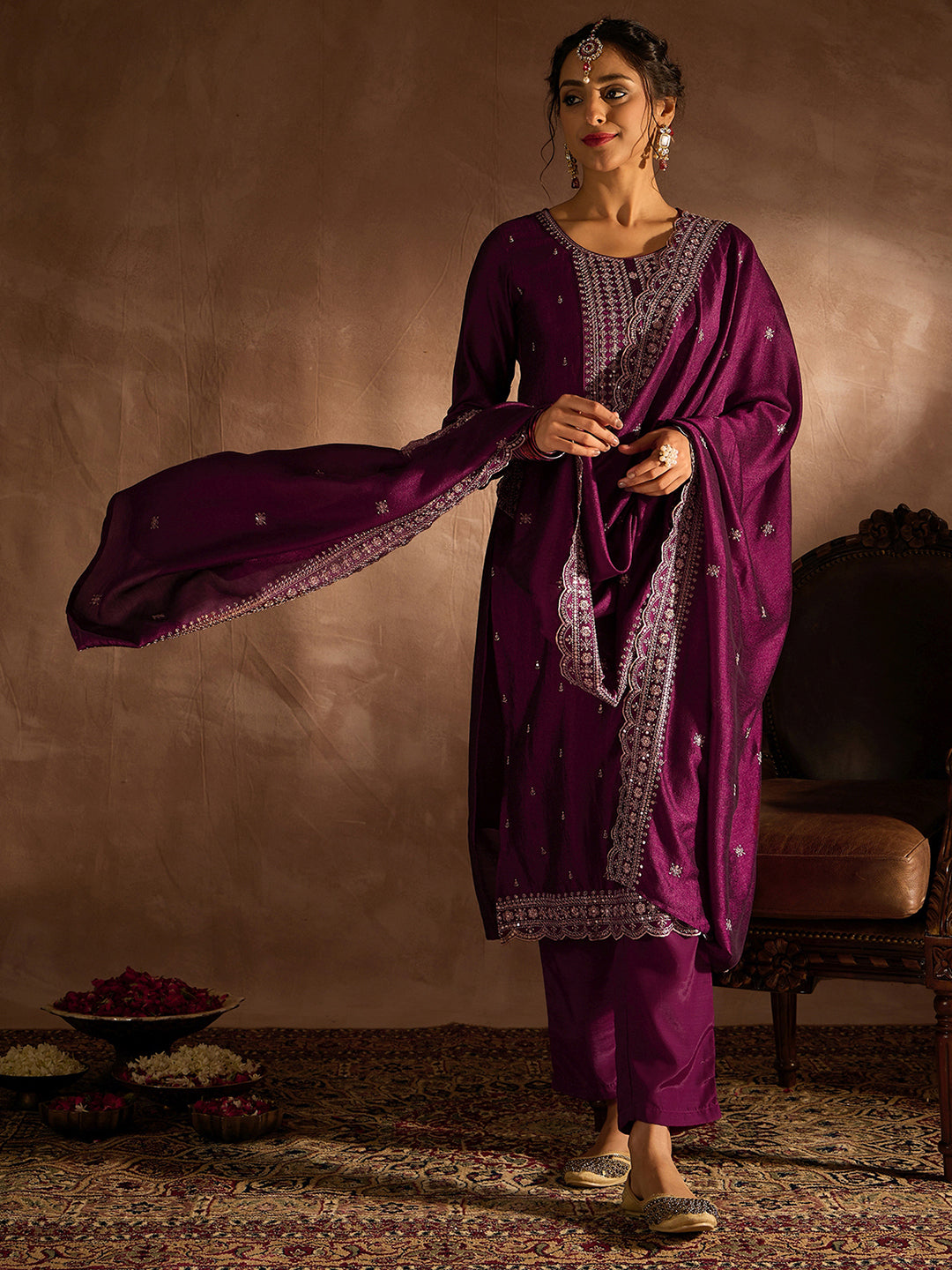 Indo Era Burgundy Embroidered Straight Kurta Trousers With Dupatta set