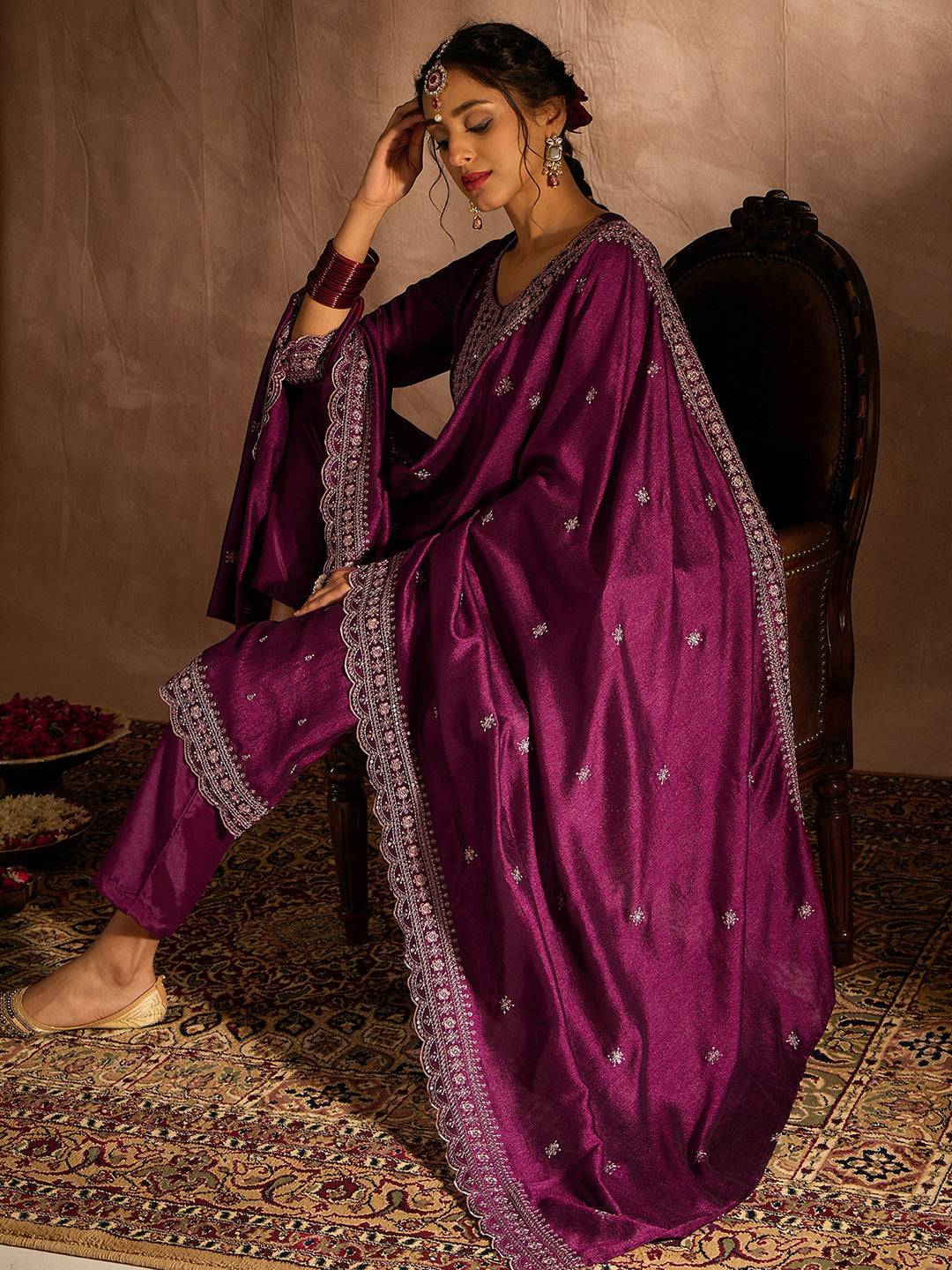Indo Era Burgundy Embroidered Straight Kurta Trousers With Dupatta set