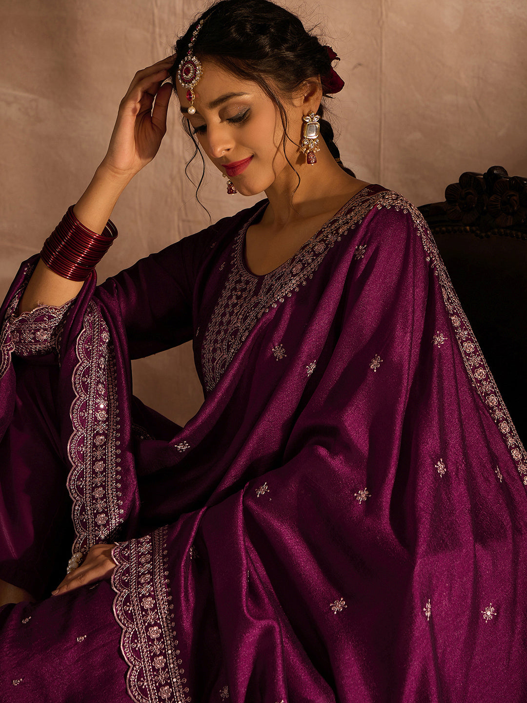 Indo Era Burgundy Embroidered Straight Kurta Trousers With Dupatta set