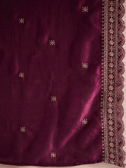 Indo Era Burgundy Embroidered Straight Kurta Trousers With Dupatta set