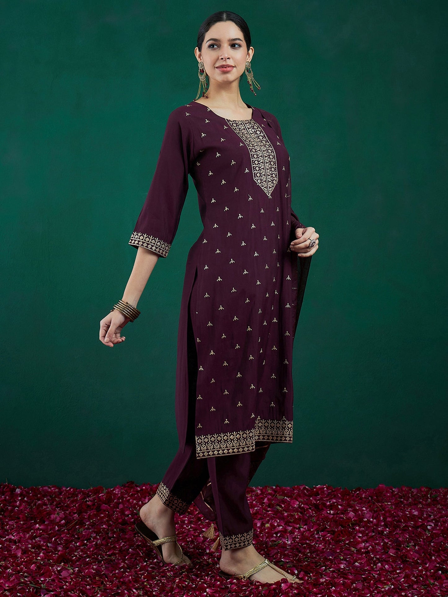 Indo Era Burgundy Embroidered Straight Kurta Trousers With Dupatta set