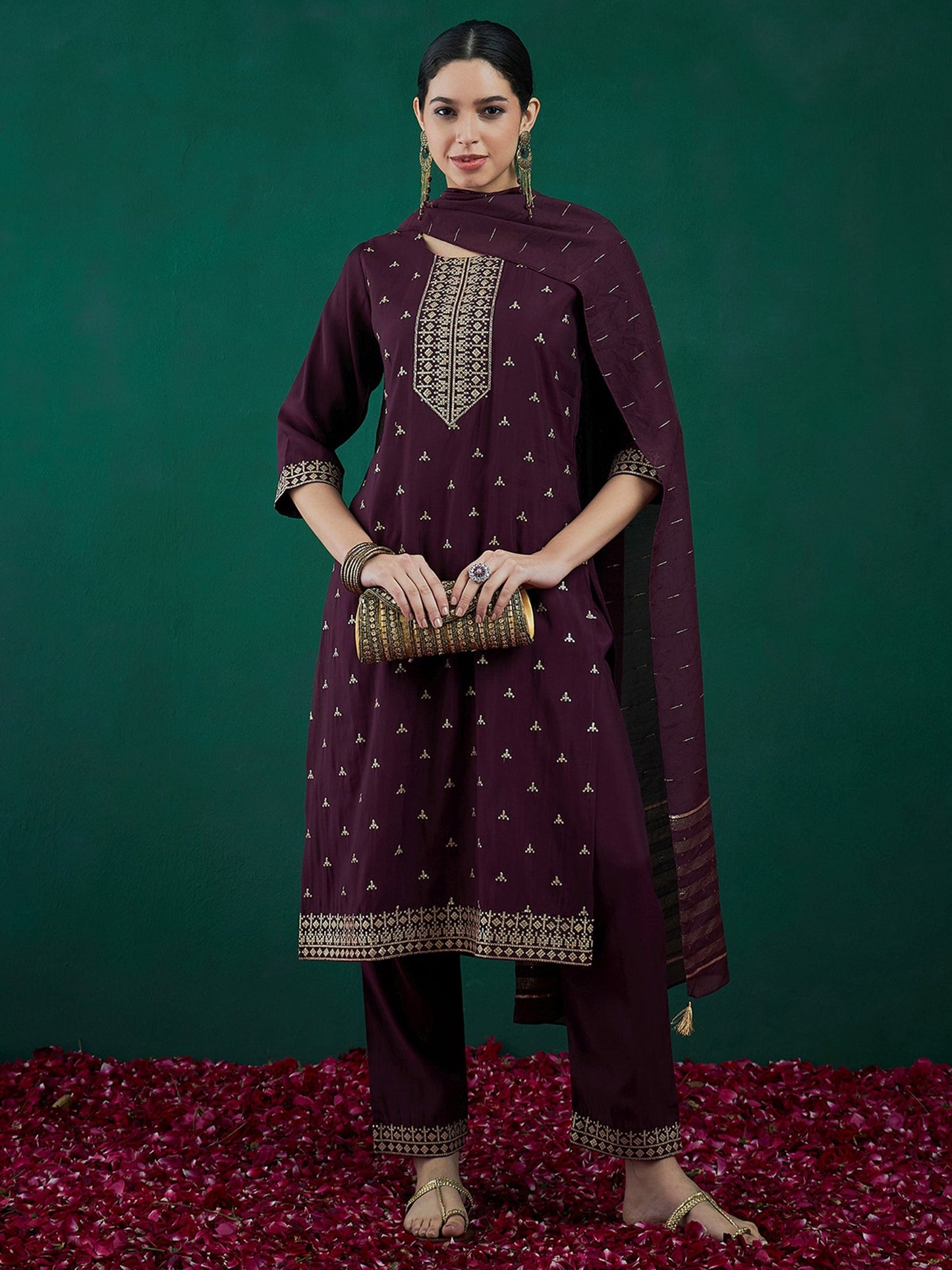 Indo Era Burgundy Embroidered Straight Kurta Trousers With Dupatta set