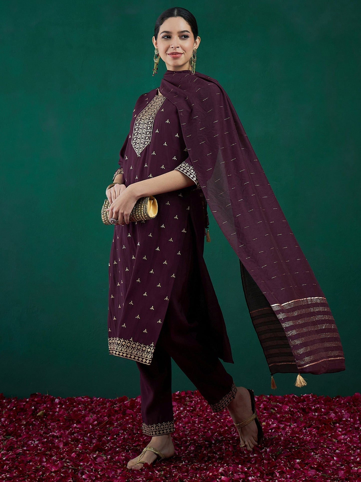 Indo Era Burgundy Embroidered Straight Kurta Trousers With Dupatta set