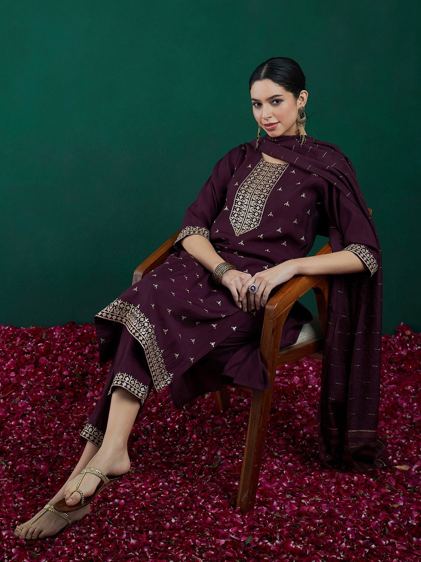 Indo Era Burgundy Embroidered Straight Kurta Trousers With Dupatta set
