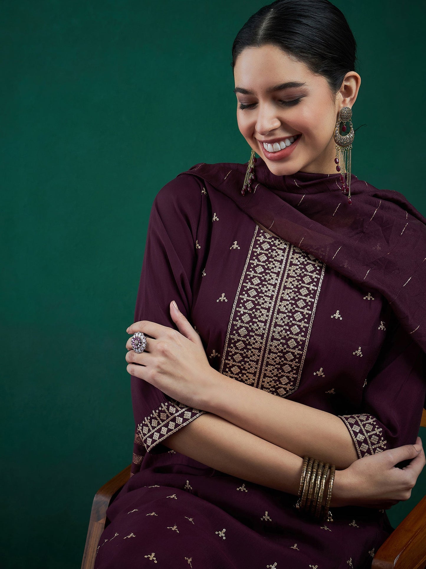 Indo Era Burgundy Embroidered Straight Kurta Trousers With Dupatta set