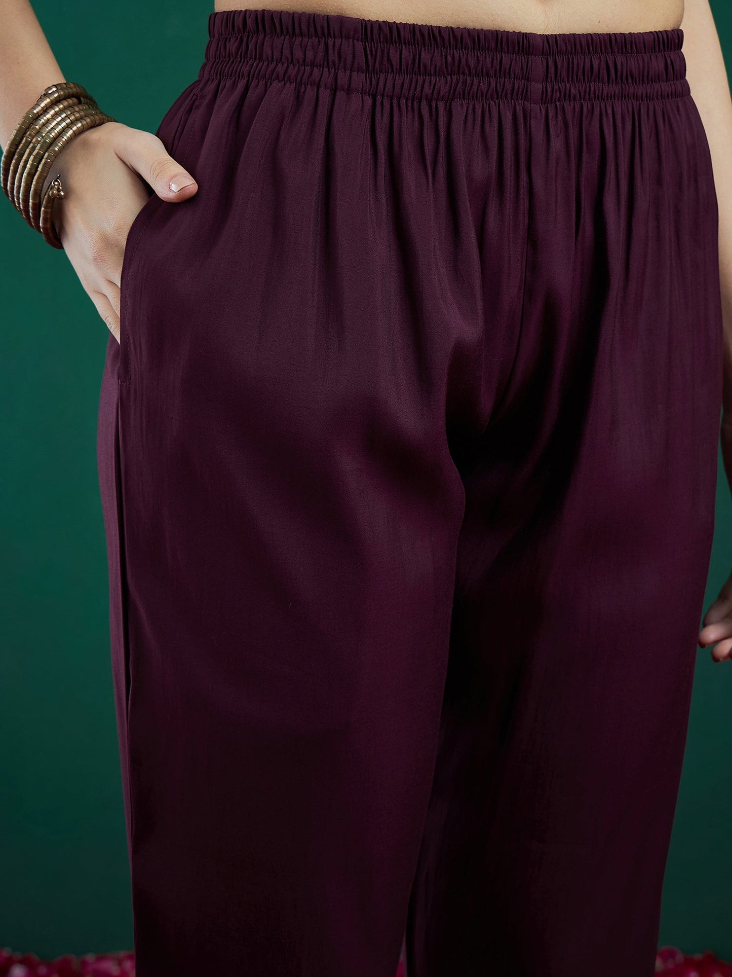 Indo Era Burgundy Embroidered Straight Kurta Trousers With Dupatta set