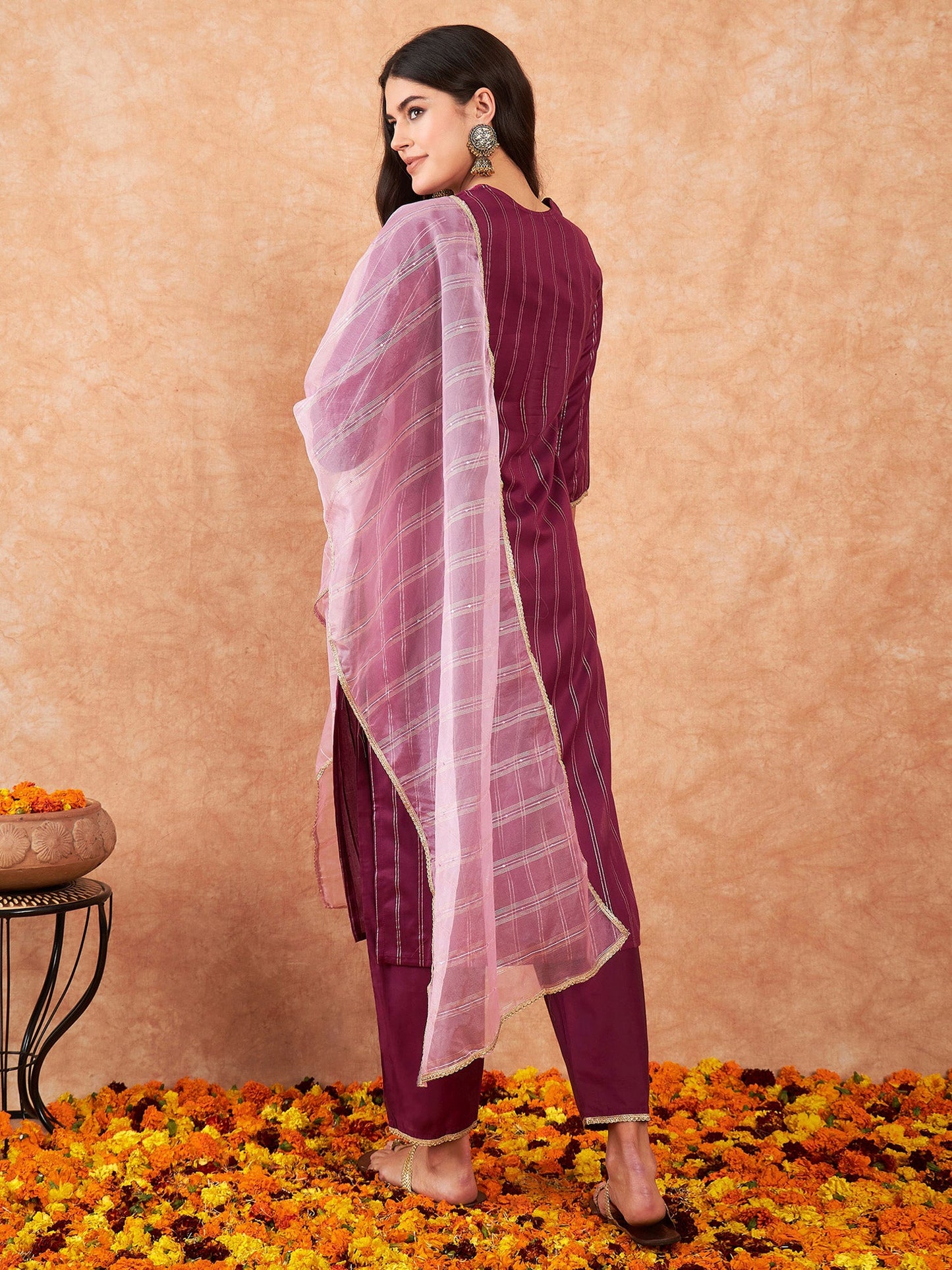 Indo Era Burgundy Embroidered Straight Kurta Trousers With Dupatta Set