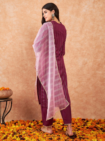 Indo Era Burgundy Embroidered Straight Kurta Trousers With Dupatta Set