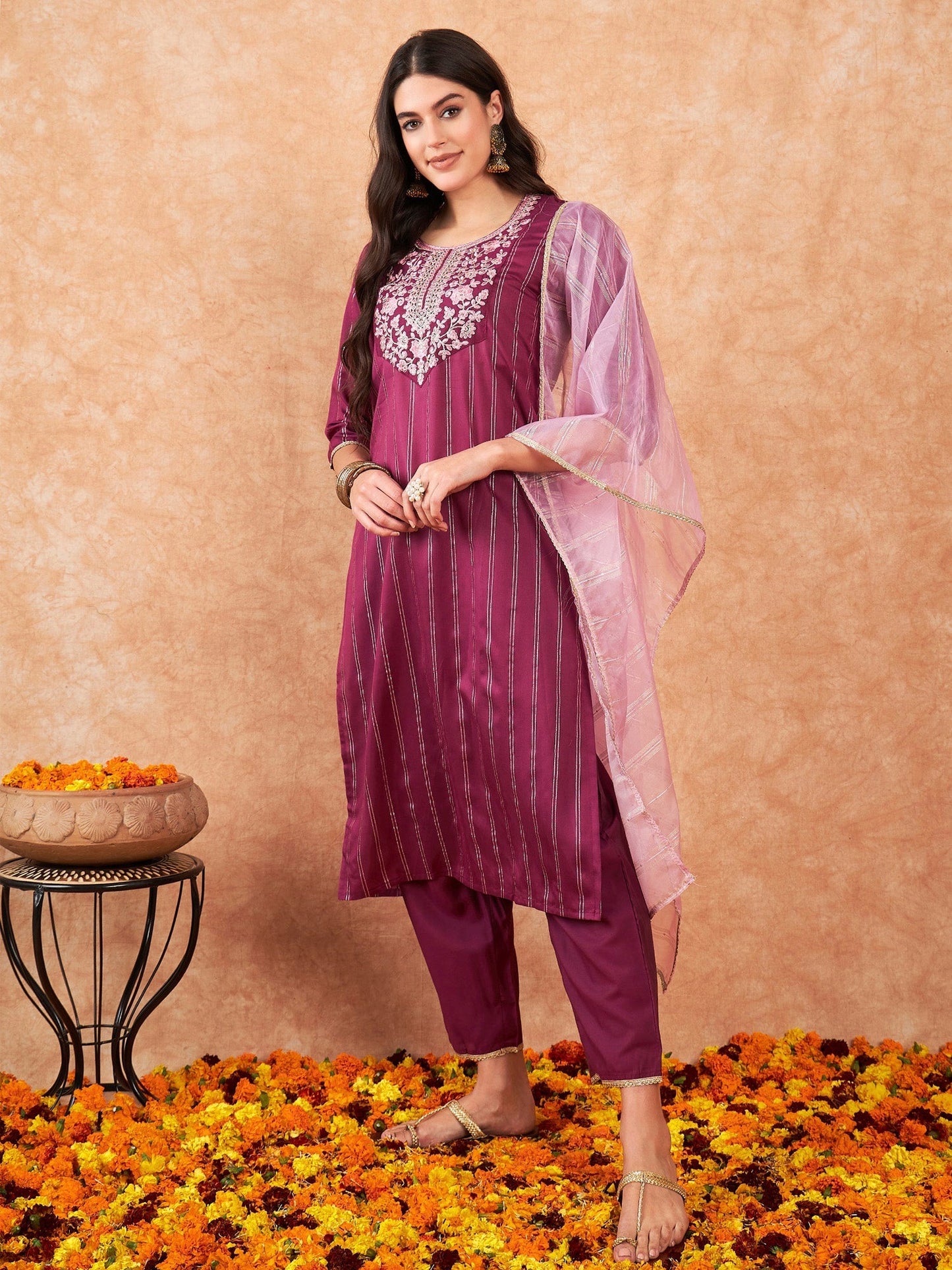 Indo Era Burgundy Embroidered Straight Kurta Trousers With Dupatta Set