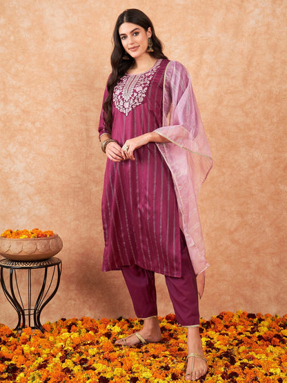 Indo Era Burgundy Embroidered Straight Kurta Trousers With Dupatta Set