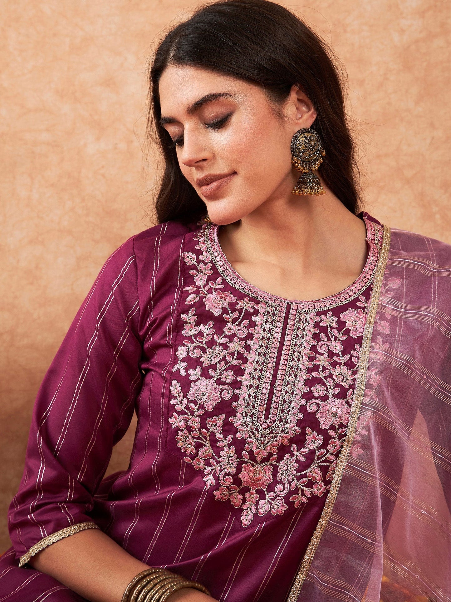 Indo Era Burgundy Embroidered Straight Kurta Trousers With Dupatta Set