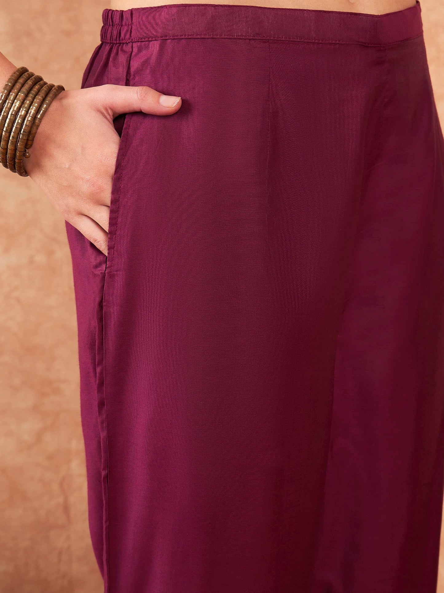 Indo Era Burgundy Embroidered Straight Kurta Trousers With Dupatta Set