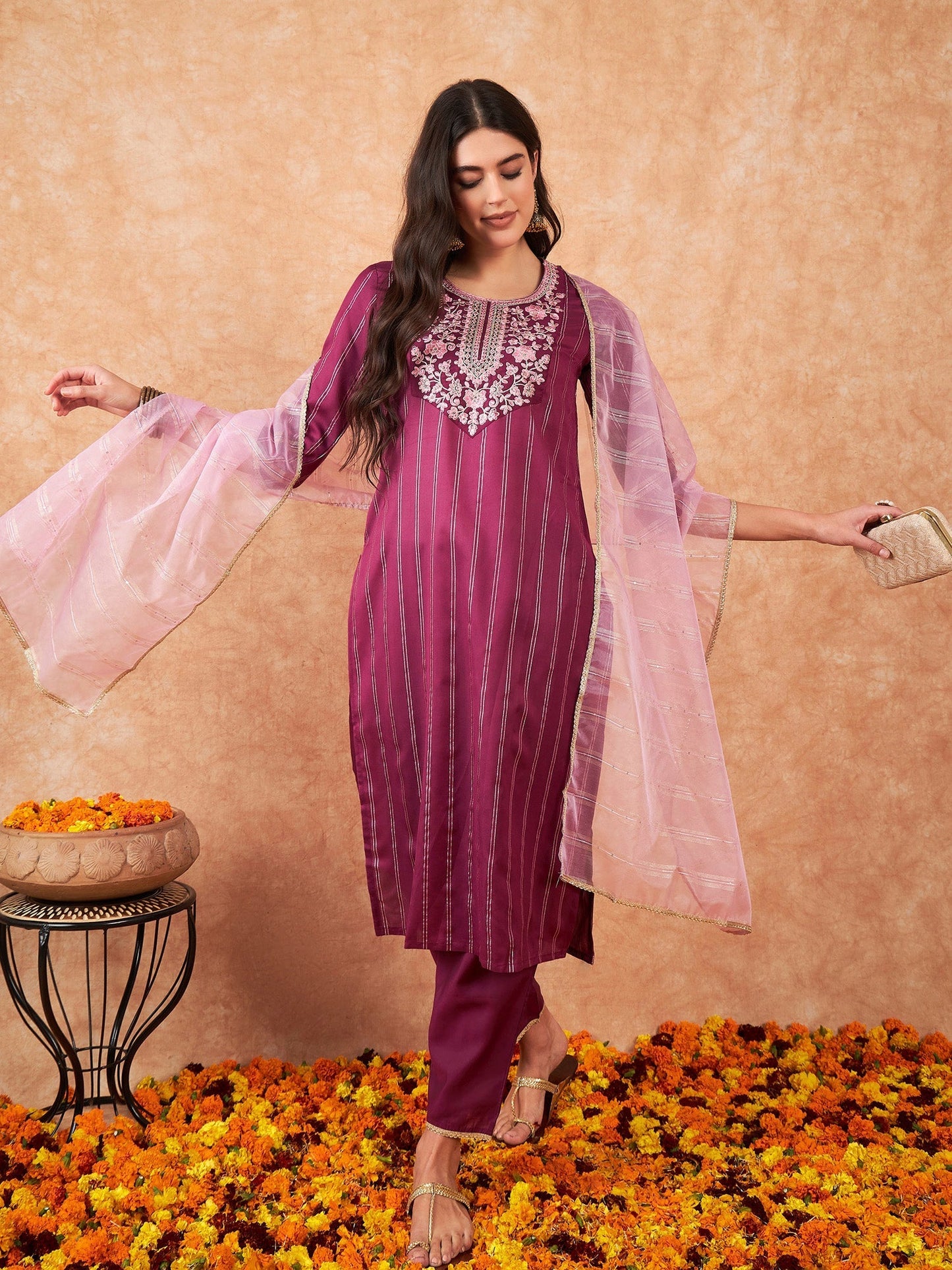Indo Era Burgundy Embroidered Straight Kurta Trousers With Dupatta Set