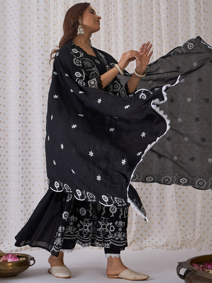 Indo Era Black Embroidered Anarkali Kurta Trousers With Dupatta set