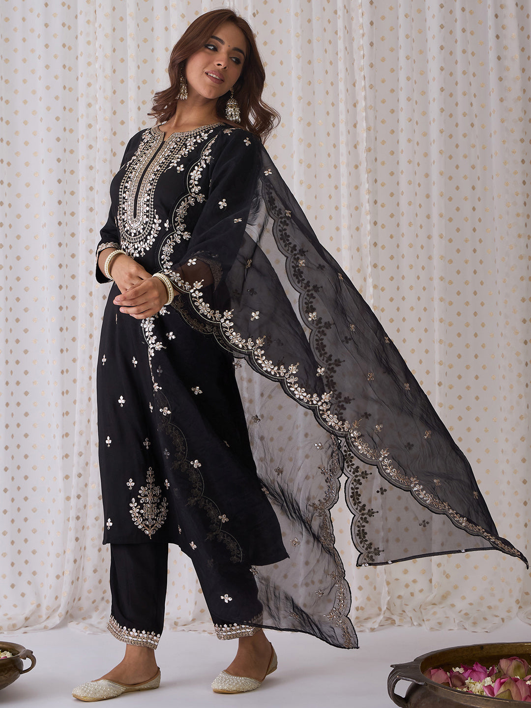 Indo Era Black Embroidered Straight Kurta Trousers With Dupatta set