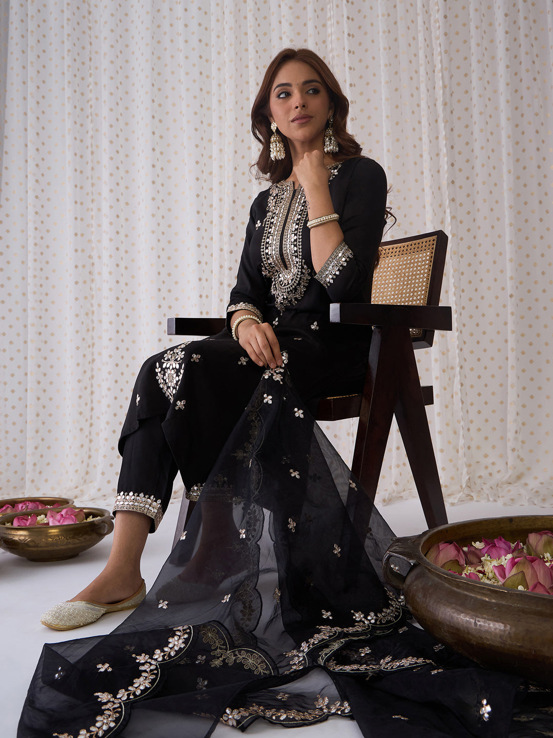 Indo Era Black Embroidered Straight Kurta Trousers With Dupatta set