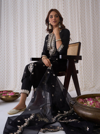 Indo Era Black Embroidered Straight Kurta Trousers With Dupatta set