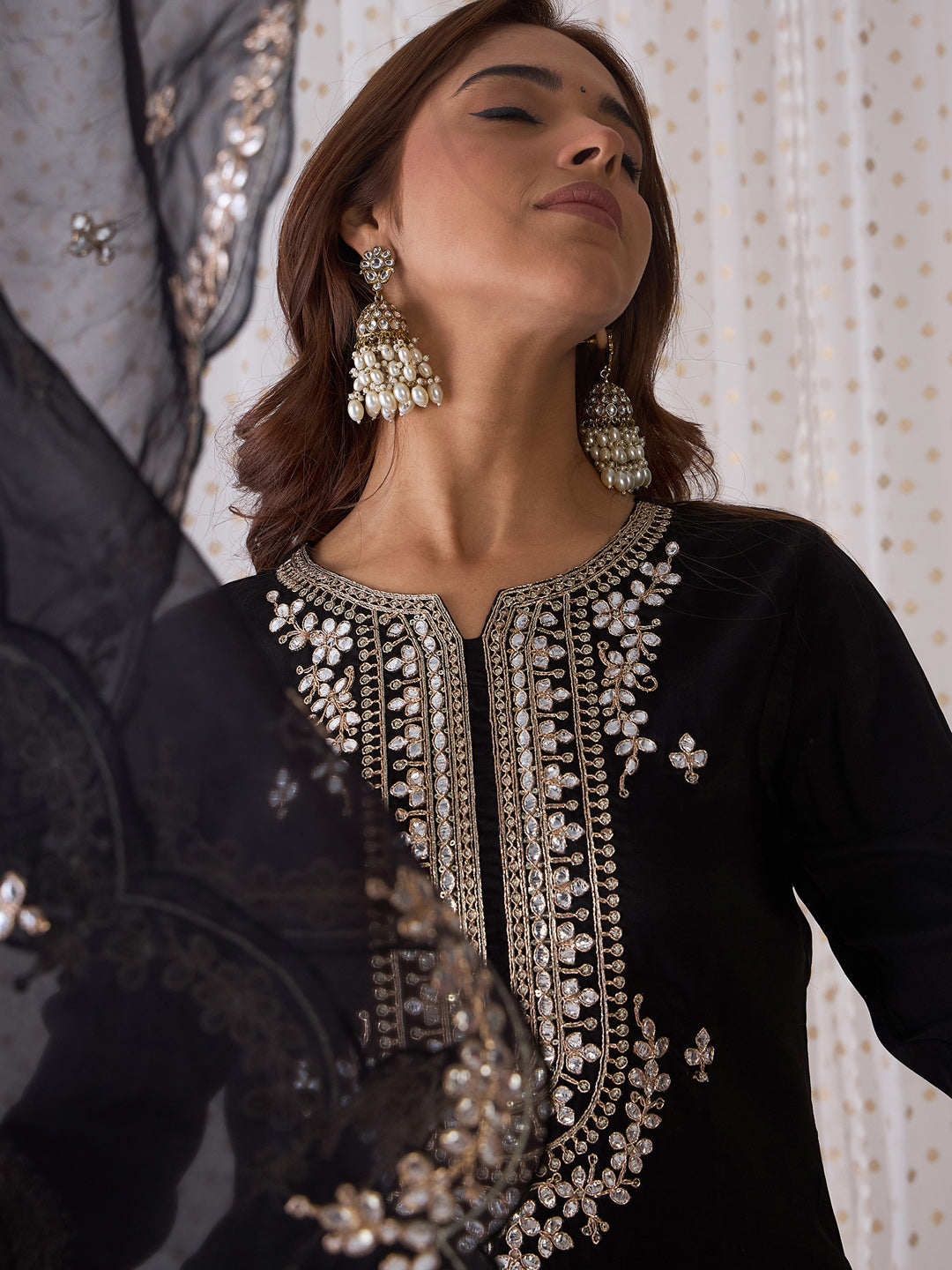 Indo Era Black Embroidered Straight Kurta Trousers With Dupatta set
