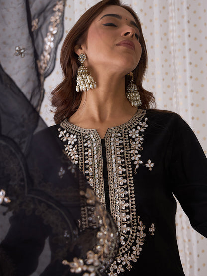 Indo Era Black Embroidered Straight Kurta Trousers With Dupatta set