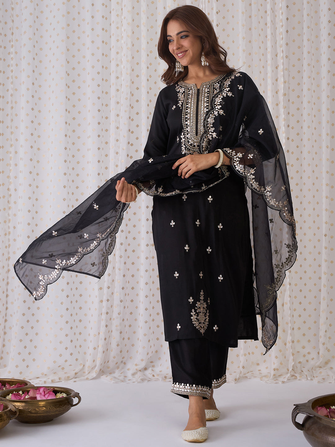 Indo Era Black Embroidered Straight Kurta Trousers With Dupatta set
