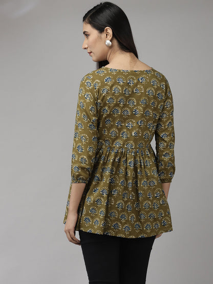 Indo Era Green Floral Printed A-line Kurtis