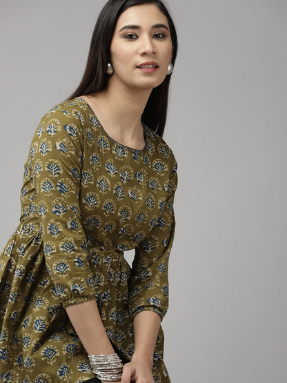 Indo Era Green Floral Printed A-line Kurtis