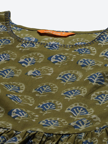 Indo Era Green Floral Printed A-line Kurtis