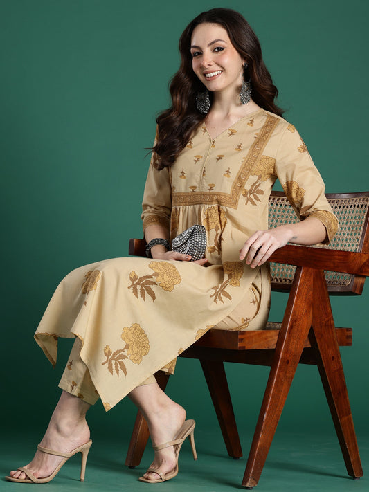 Indo Era Beige Printed A-Line Kurta Trousers Set