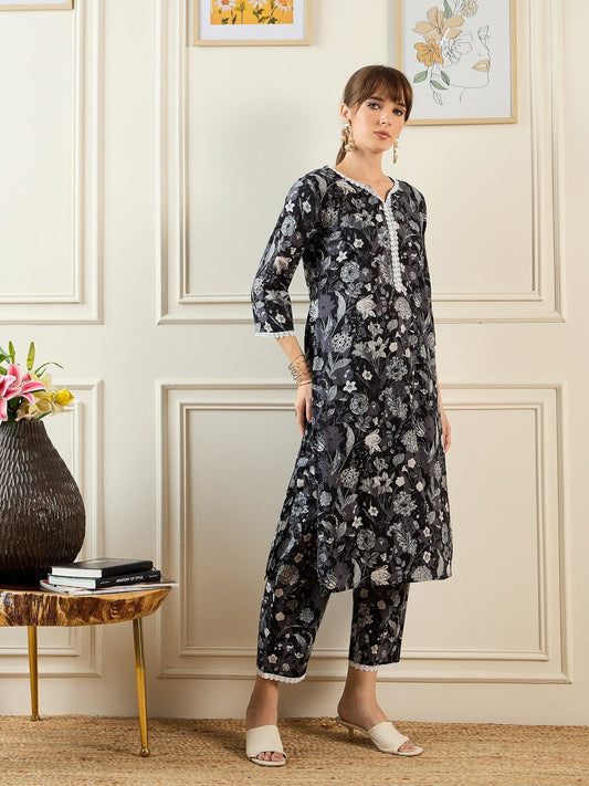 Indo Era Black Printed Straight Kurta Trousers set